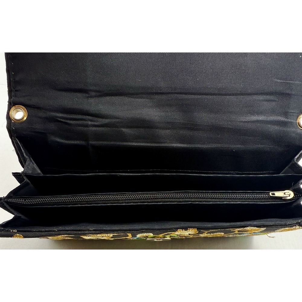 Floral Embroidered Black Fabric Clutch Purse w/ Rabbit Motif Crossbody Strap‎ - Picture 8 of 15